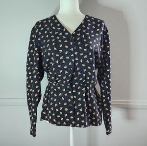 Vtg 80's Silk Peplum Japanese Print Fan Long Sleeve